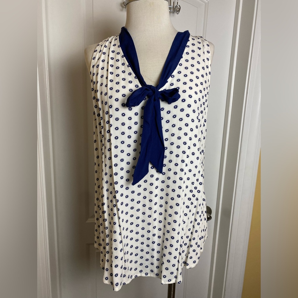 Maeve By Anthro Madison Sleeveless White Navy Floral Print Blouse Neck Tie 14